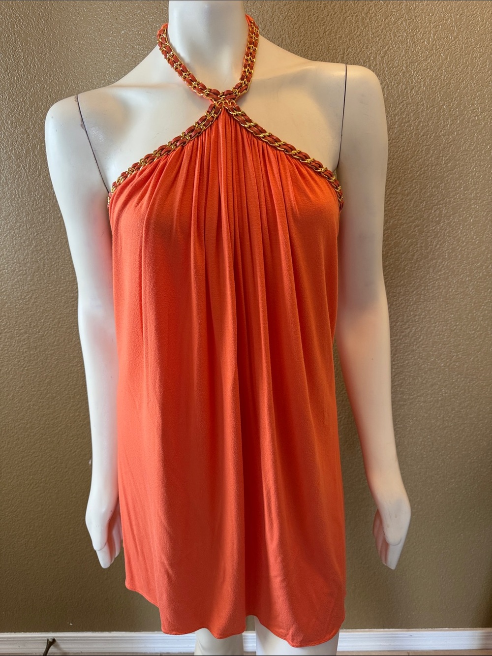 Y2K Vintage Sky Orange Halter Dress with Gold Chain Trim